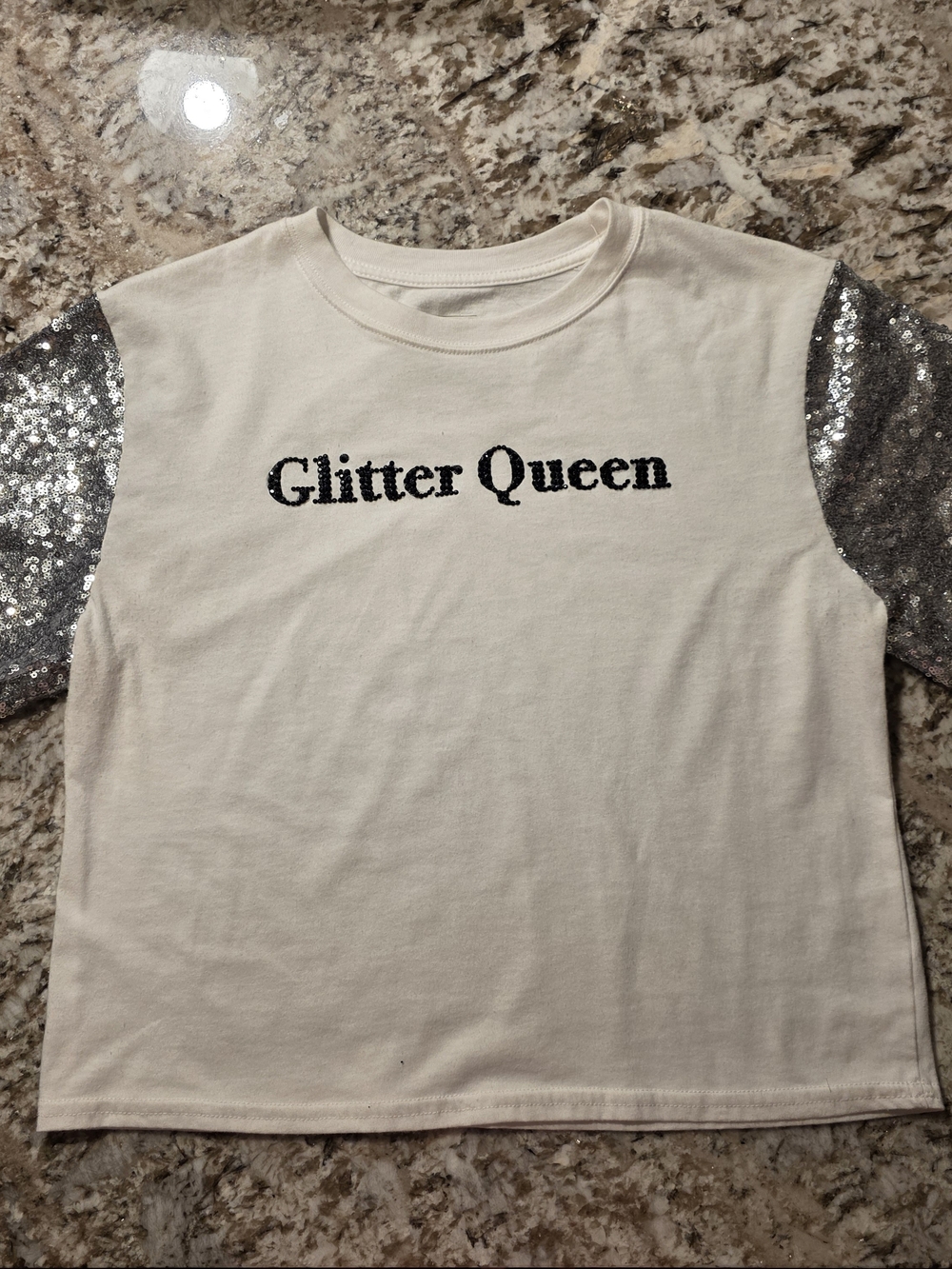 Mighty Fine "Glitter Queen" White Crop Top Tee with Silver Sequin Sleeves